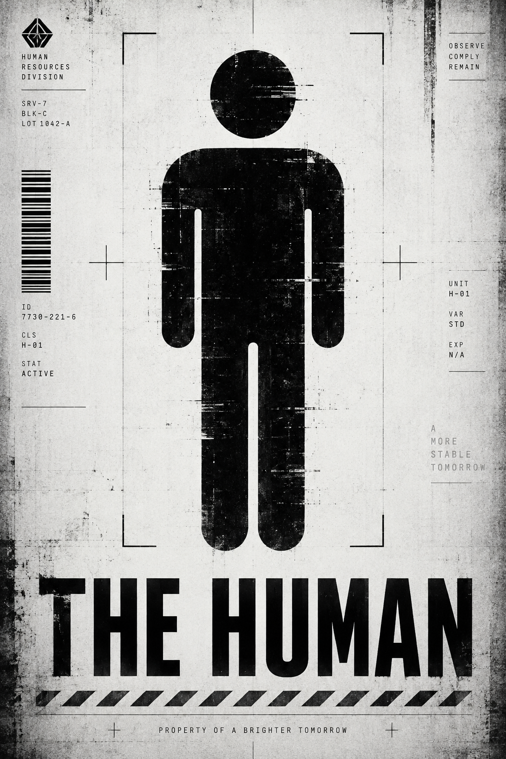 Dystopisches Titelplakat: eine schwarze menschliche Silhouette auf abgenutztem Papier, beschriftet mit THE HUMAN und Human Resources Division.